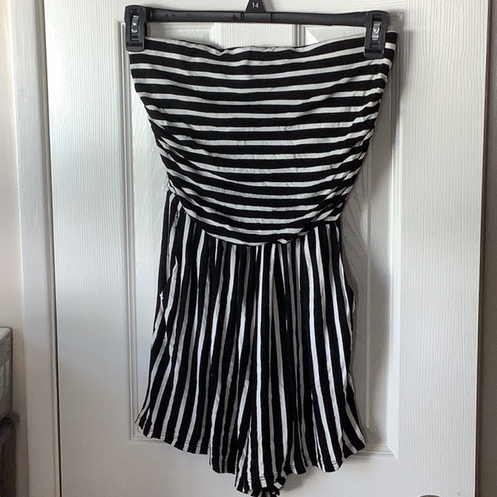 Black and White Striped Strapless Romper